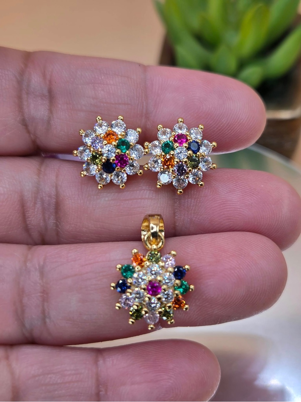 Gold Plated Multicolor Flower Cluster Pendant and Stud Earrings Set